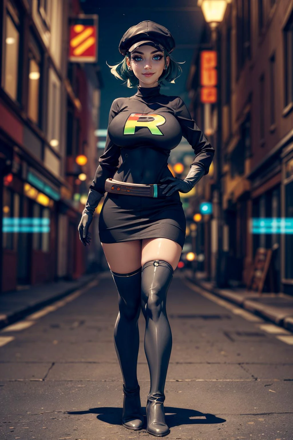 (ultra realistic,32k, masterpiece:1.2),(high detailed skin:1.1),( high quality:1.1),
<lora:POKEMON_team_rainbow_rocket_grunt_ownwaifu:0.8>(smile , v-shaped eyebrows:1.1),(eyeliner,long lashes, mascara:1.1),Costum_team_rainbow_rocket_grunt_ownwaifu,1girl, green hair, short hair, green eyes, eyelashes, medium hair, black headwear, grey gloves, black dress, short dress, belt, grey belt, thighhighs, straps,, long sleeves, elbow gloves, cabbie hat, covered navel, hub, immersive arcades, world servers, neural interfaces, digital landscapes, alternate realities (blurry background:1.1),(looking at viewer, standing:1.1),, (huge breast,large breast:1.1),<lora:add_detail:0.87>,full body,
(lighting:1.1),
