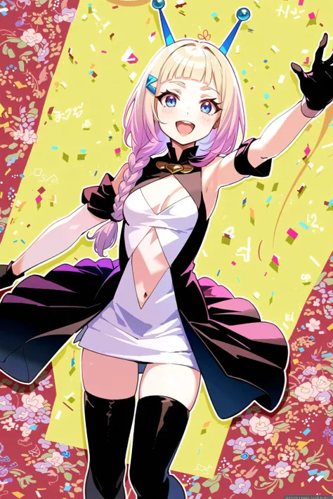 (masterpiece:1.5), best quality, (1girl, solo),
Tanaka Cosmic Sora, 1girl, solo, high heels, thighhighs, gloves, blonde hair, blue eyes, open mouth, braid, black gloves, high heel boots, navel, multicolored hair, smile, watermark, boots, dress, gradient hair, long hair, bangs, black thighhighs, pink hair, breasts, looking at viewer, blunt bangs, full body, antennae, thigh boots, white dress, teeth <lora:TanakaCosmicSora:0.7> (((city,cowboy shot, dynamic pose)))
<lora:GoodHands-beta2:0.8>