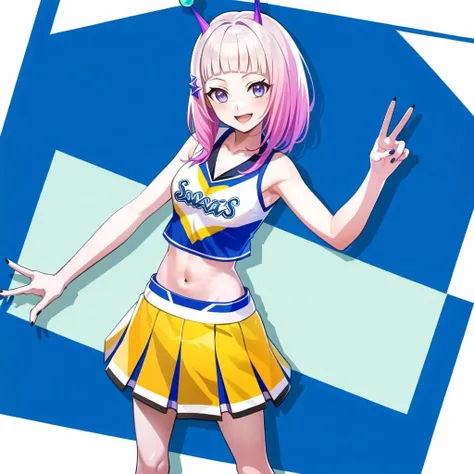 masterpiece, best quality, (1girl, solo),
Tanaka Cosmic Sora, multiple girls, 1girl, skirt, multicolored hair, pink hair, horns, smile, yellow skirt, cheerleader, gradient hair, brown hair, shoes, midriff, bangs, navel, crop top, blunt bangs, black nails, virtual youtuber, breasts, clenched hand, solo focus, looking at viewer
<lora:TanakaCosmicSora:0.7>
(((cowboy shot, dynamic pose)))