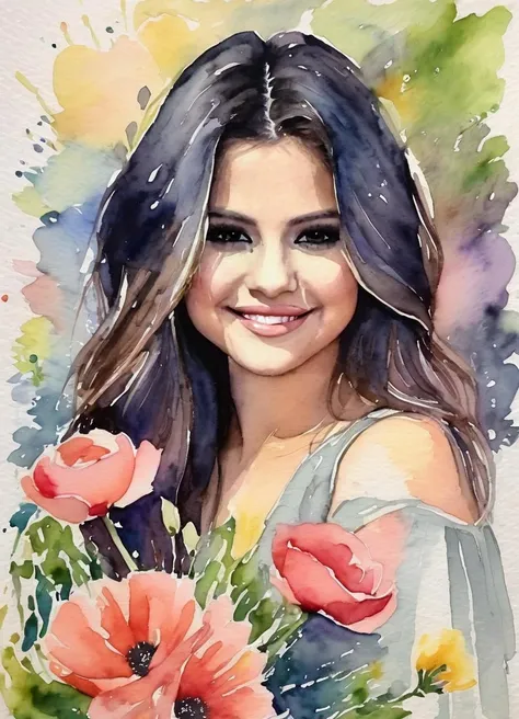 a watercolor painting of Selena Gomez holding flowers, smile, best quality, scenery <lora:selenagomez_SDXL:0.75>