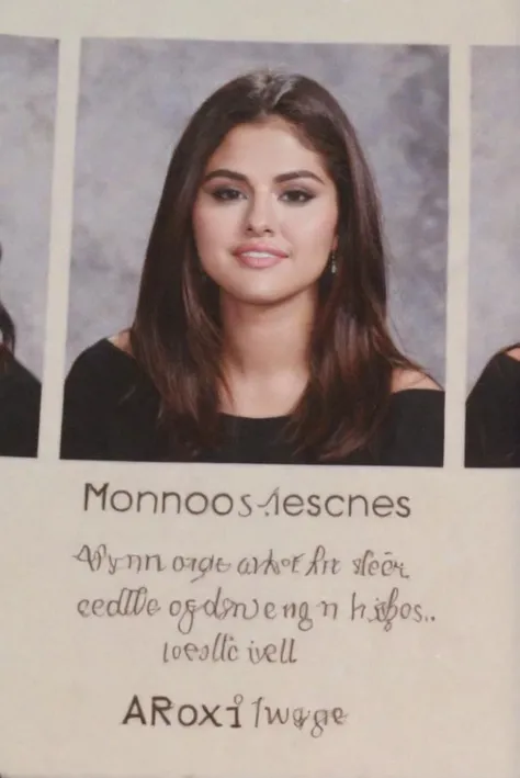 a photo on a page in a yearbook, "Selena Gomez", a yearbook photo of Selena Gomez, text below photo, grainy, photorealistic <lora:selenagomez_SDXL_v1_1:0.75>
