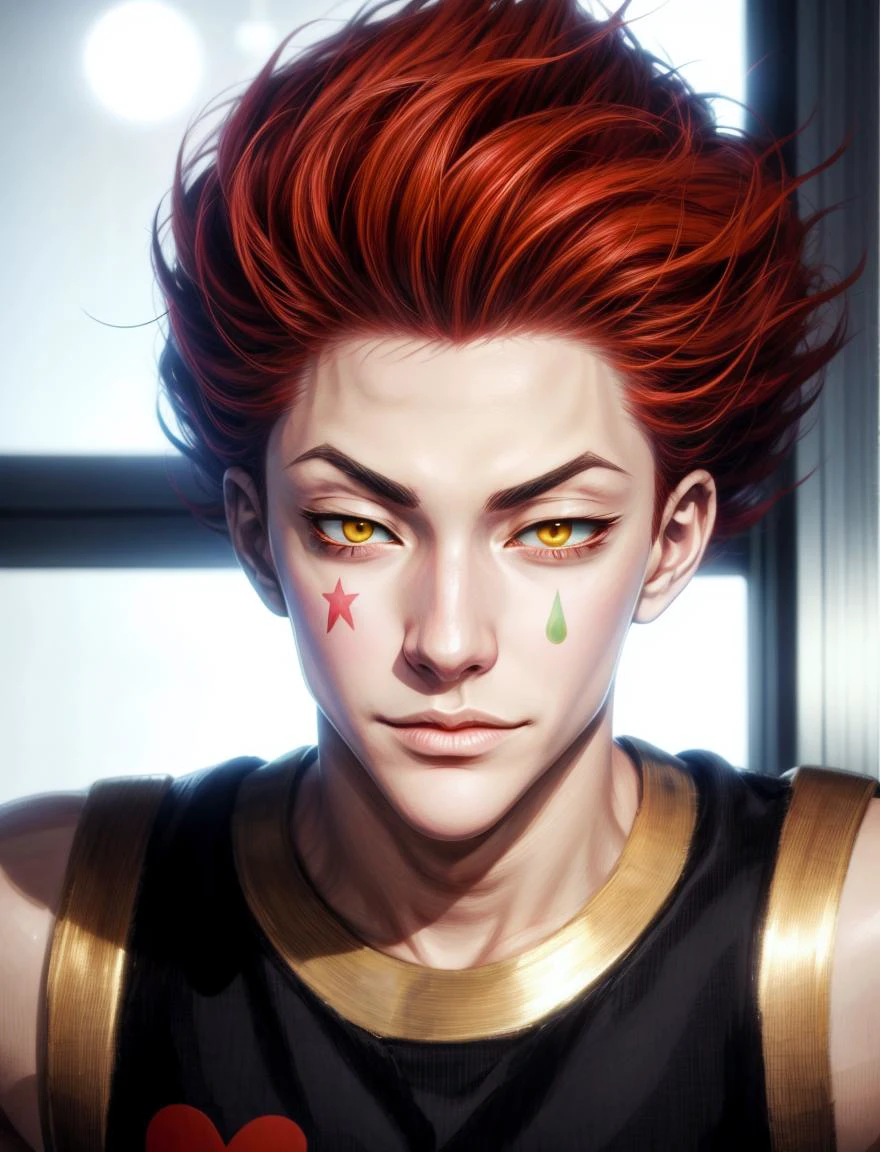 sexy man hisoka \(hunter x hunter\) looks at the viewer with his yellow eyes seductively, <lora:Hisoka:0.7>, <lora:Add Detail:1>