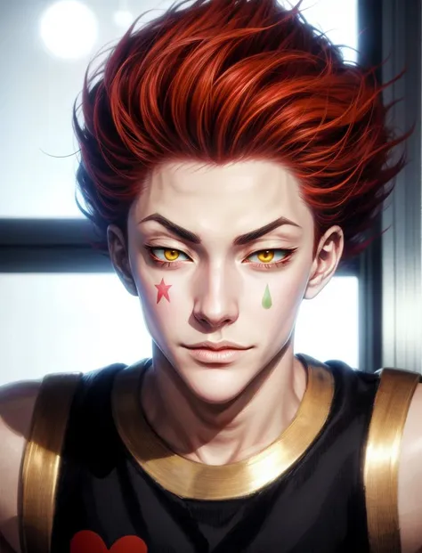 sexy man hisoka \(hunter x hunter\) looks at the viewer with his yellow eyes seductively, <lora:Hisoka:0.7>,   <lora:Add Detail:1>