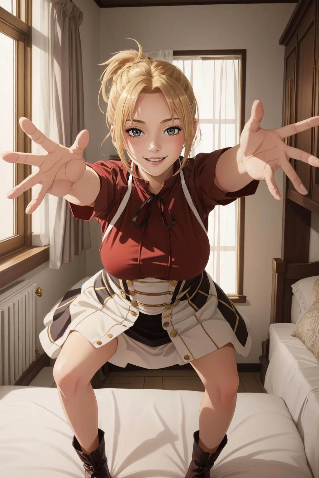 (masterpiece, best quality), intricate details,
1girl, <lora:ANIME_Zenith_aiwaifu-10:0.8> Zenith_aiwaifu, blond hair, ponytail, red dress, large breasts,
reaching towards viewer, seductive smile, indoors, bedroom, bed,