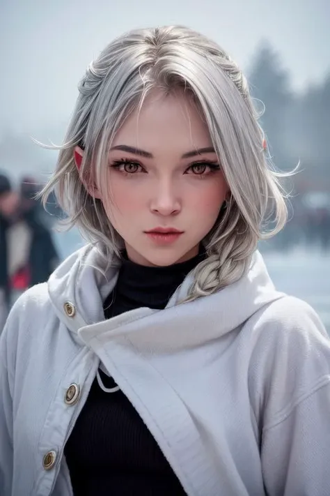 masterpiece, best quality, 1girl, 
purple eyes, yellow eyes, gradient eyes, silver hair, Messy bob hair, turtleneck, medium breasts, pointy ears, 
snow, fog, portrait, depth of field, upper body, ne