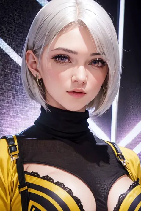 masterpiece, best quality, 1girl,
purple eyes, yellow eyes, gradient eyes, silver hair, short hair, turtleneck, medium breasts, close-up, portrait, depth of field, in hall