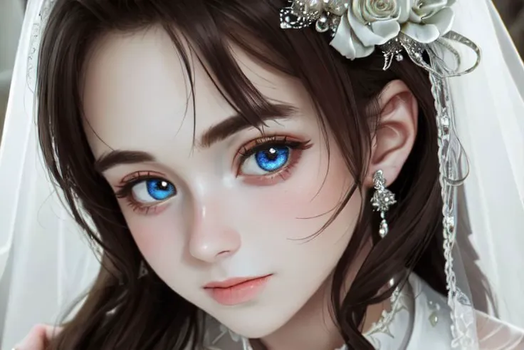 anime girl with blue eyes and a veil with flowers in her hair