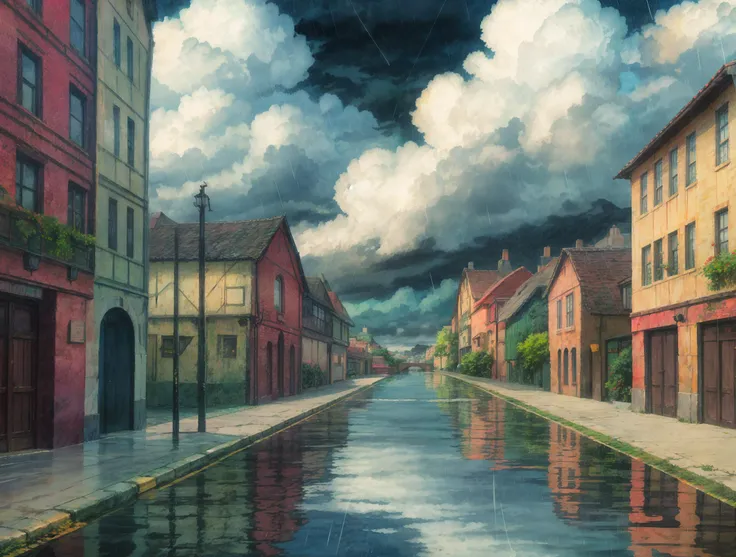 painting of a street with buildings and a cloudy sky