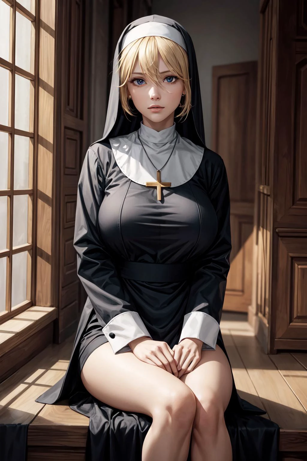 (best quality, masterpiece), highly detailed, <lora:add_detail:0.6>, necklace, large breasts, nun, blonde hair, hair between eyes, own hands together, sitting