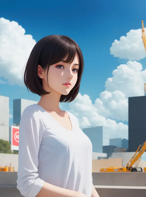 anime vibe,
young European woman with medium breasts in casual wear in the noon, blue sky with white clouds on it,
construction the background,
<lora:ClothingAdjuster2:-0.6>