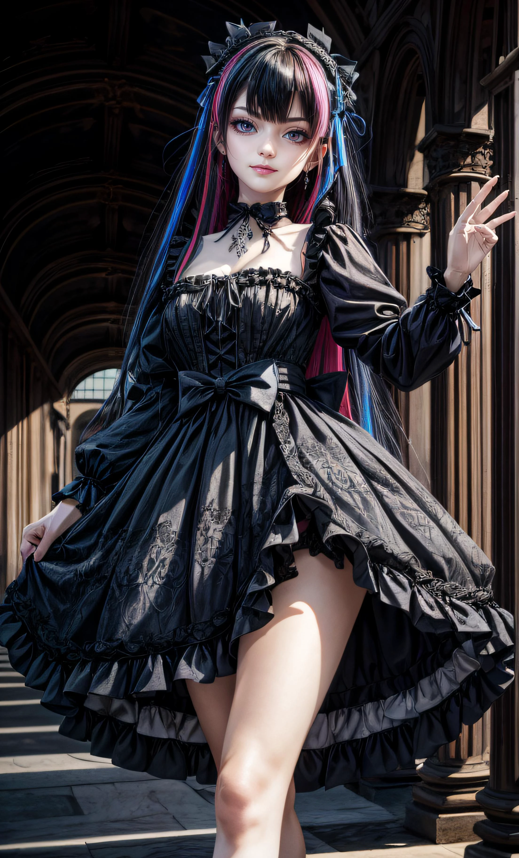 highres, (masterpiece:1.2), (best quality, highest quality), black hair, red eyes, GothGal, wearing a GothGal outfi, dress, ribbon, frills, smug, smirk, Beautiful long legs, beautiful body, Beautiful Nose, Beautiful character design,perfect hands, perfect fingers, perfect eyes,perfect face, wallpaper,perfect lighting, Colorful,ultra highres, 8K, HDR,
<lora:add_detail:1>,
<lora:edgGothGal_MINI:1>