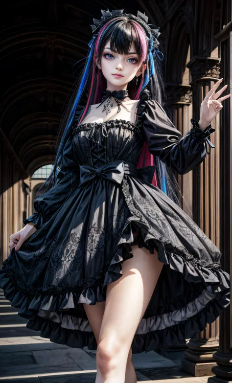 highres, (masterpiece:1.2), (best quality, highest quality), black hair, red eyes, GothGal, wearing a GothGal outfi, dress, ribbon, frills, smug, smirk, Beautiful long legs, beautiful body, Beautiful Nose, Beautiful character design,perfect hands, perfect fingers, perfect eyes,perfect face, wallpaper,perfect lighting, Colorful,ultra highres, 8K, HDR,
<lora:add_detail:1>, 
<lora:edgGothGal_MINI:1>