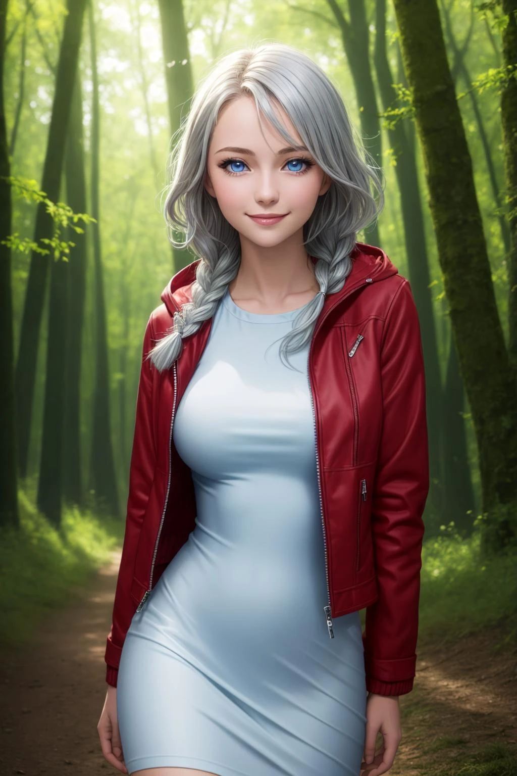 (masterpiece, best quality,) 1girl,
short hair, blue eyes, silver hair, wavy hair, braid, dress, large breasts, smile, jacket, cyberpunk,
depth of field, forest, field, wind, swirl, looking at viewer,