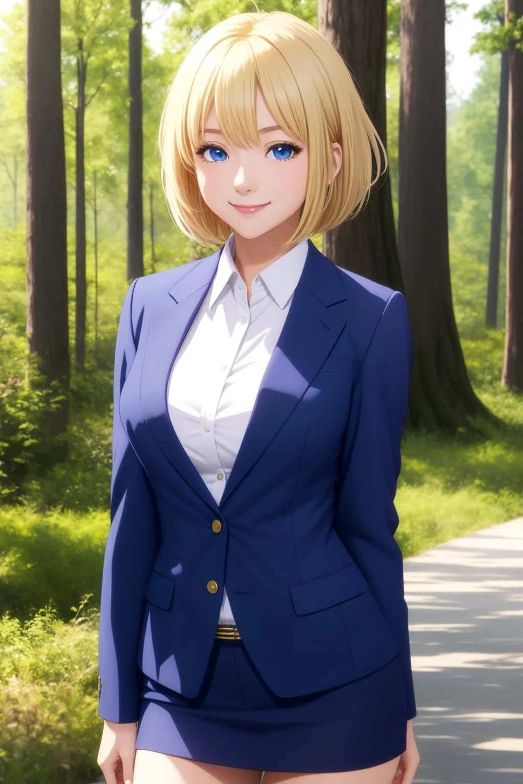 (masterpiece, best quality,) 1girl, anime screencap,
short hair, blue eyes, blonde hair, suit jacket, large breasts, sweater, smile,
forest,