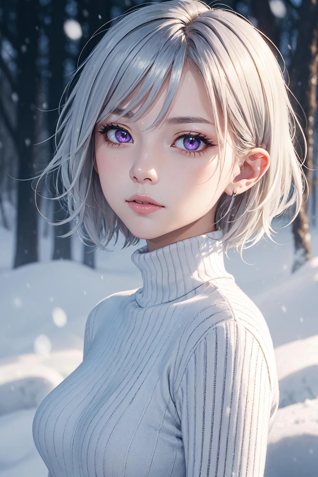 masterpiece, best quality, 1girl,
purple eyes, yellow eyes, gradient eyes, silver hair, short hair, turtleneck, medium breasts, pointy ears,
snow, fog, close-up, portrait, depth of field,