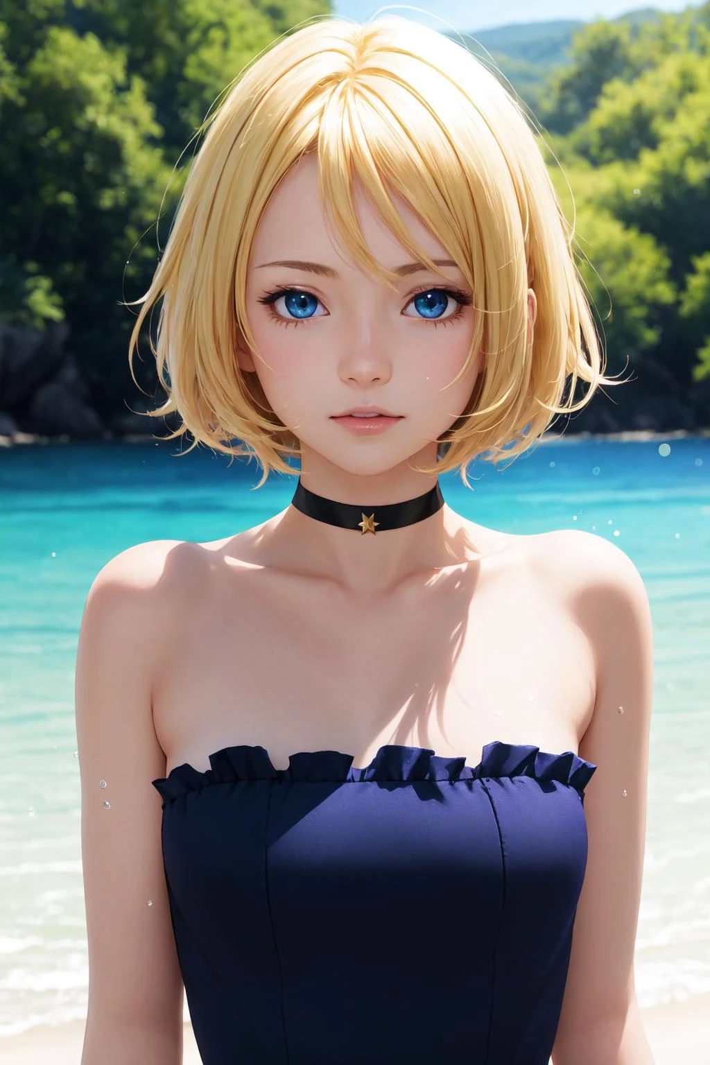 masterpiece, best quality, 1girl, anime screencap,
short hair, blonde hair, blue eyes, dress, strapless, choker,
depth of field, water, lens flare,