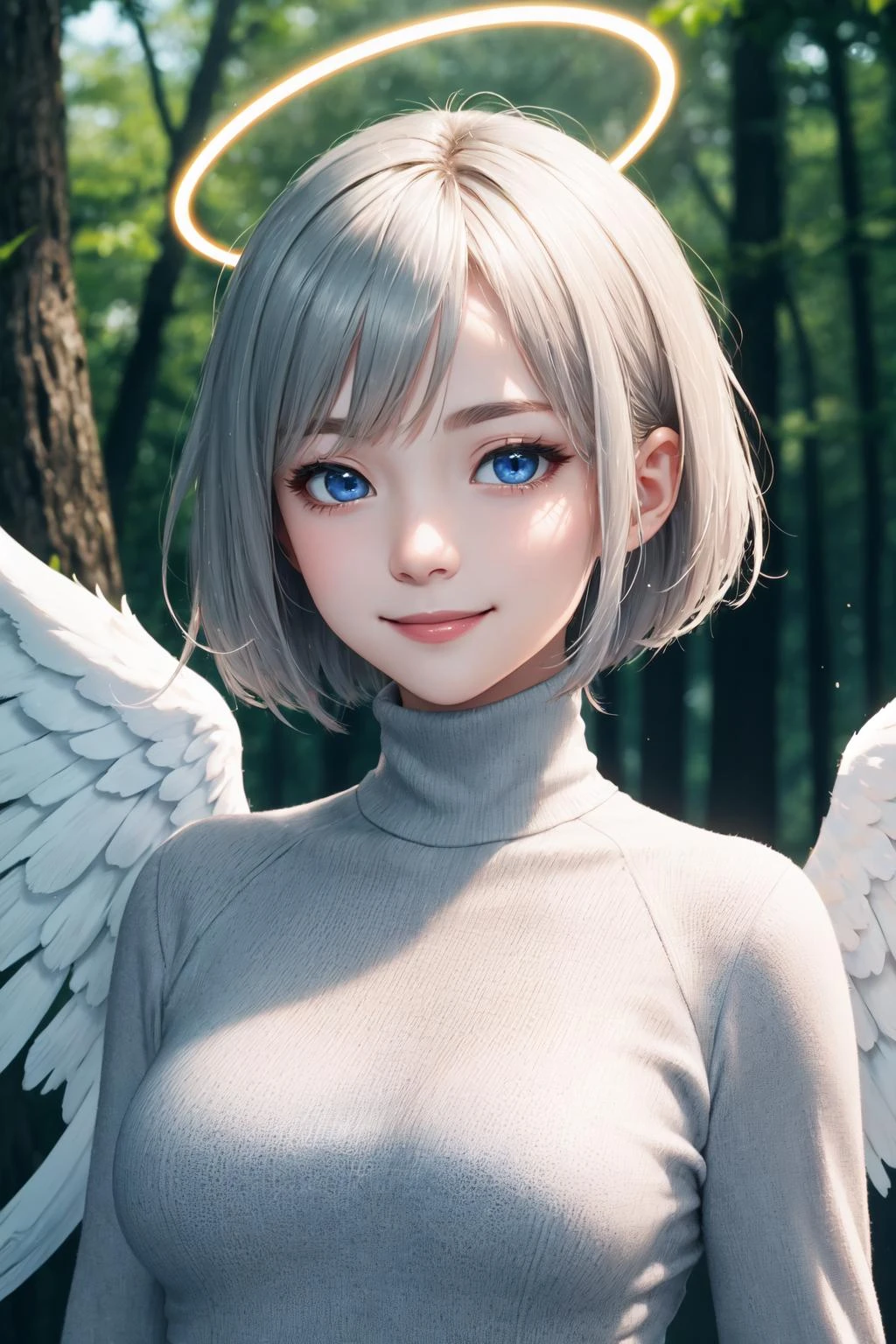 masterpiece, best quality, cute, petite,
short hair, bob cut, silver hair, blue eyes, large breasts, halo, smile, long sleeves, heavy breathing, turtleneck, angel wings,
wind, depth of field, forest, close-up, portrait,