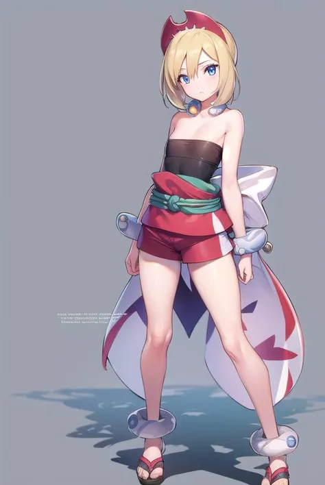 pokemonirida, <lyco:pokemonirida-lyco-nochekaiser:1>,
pokemonirida, blonde hair, blue eyes, hair between eyes, medium hair, (small breasts:1.2),
BREAK bracelet, hat, jewelry, neck ring, red headwear, red shirt, sash, shirt, shorts, strapless, strapless shirt, waist cape, white shorts,
BREAK looking at viewer, (full body:1.2),
BREAK outdoors, city, sky,
BREAK <lyco:GoodHands-beta2:1>, (masterpiece:1.2), best quality, high resolution, unity 8k wallpaper, (illustration:0.8), (beautiful detailed eyes:1.6), extremely detailed face, perfect lighting, extremely detailed CG, (perfect hands, perfect anatomy),