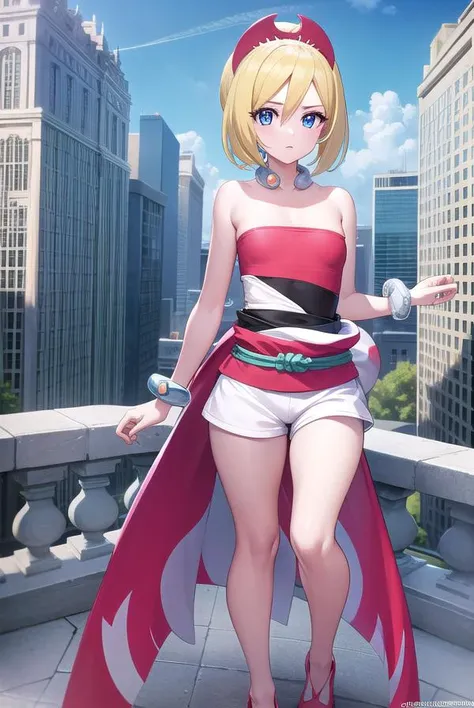 pokemonirida, <lyco:pokemonirida-lyco-nochekaiser:1>,
pokemonirida, blonde hair, blue eyes, hair between eyes, medium hair, (small breasts:1.2),
BREAK bracelet, hat, jewelry, neck ring, red headwear, red shirt, sash, shirt, shorts, strapless, strapless shirt, waist cape, white shorts,
BREAK looking at viewer, (full body:1.2),
BREAK outdoors, city, sky,
BREAK <lyco:GoodHands-beta2:1>, (masterpiece:1.2), best quality, high resolution, unity 8k wallpaper, (illustration:0.8), (beautiful detailed eyes:1.6), extremely detailed face, perfect lighting, extremely detailed CG, (perfect hands, perfect anatomy),