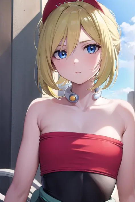 pokemonirida, <lyco:pokemonirida-lyco-nochekaiser:1>,
pokemonirida, blonde hair, blue eyes, hair between eyes, medium hair, (small breasts:1.2),
BREAK bracelet, hat, jewelry, neck ring, red headwear, red shirt, sash, shirt, shorts, strapless, strapless shirt, waist cape, white shorts,
BREAK looking at viewer, (upper body:1.2),
BREAK outdoors, city, sky,
BREAK <lyco:GoodHands-beta2:1>, (masterpiece:1.2), best quality, high resolution, unity 8k wallpaper, (illustration:0.8), (beautiful detailed eyes:1.6), extremely detailed face, perfect lighting, extremely detailed CG, (perfect hands, perfect anatomy),