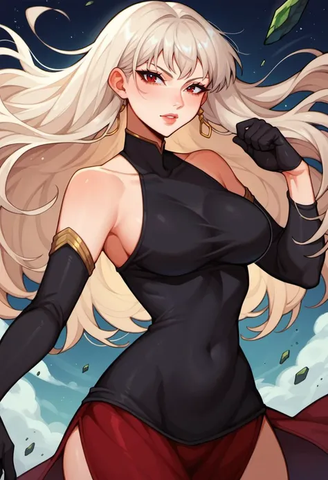 <lora:Fizzeru:0.85> fizzeru, score_9,score_8_up,score_7_up,score_6_up,score_5_up,score_4_up, 1girl, solo, realistic, large breasts, looking at viewer, platinum blonde hair, (detailed Red eyes), blue DipDyed Hair, model pose, BREAK
selvaria, black shirt, bare shoulders, detached sleeves, black gloves, cowboy shot, spinning, rush, speed , <lora:Kenva:0.4> knva,
