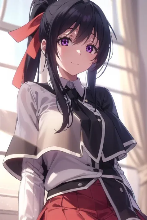 akenohimejima, <lora:akeno himejima anime s1-lora-nochekaiser:1>,
akeno himejima, long hair, black hair, ribbon, very long hair, (purple eyes:1.1), hair ribbon, ponytail, antenna hair, smile,
BREAK skirt, school uniform, shirt, white shirt, capelet, black capelet, long sleeves, red skirt,
BREAK indoors, classroom,
BREAK looking at viewer, (cowboy shot:1.5),
BREAK <lyco:GoodHands-beta2:1>, (masterpiece:1.2), best quality, high resolution, unity 8k wallpaper, (illustration:0.8), (beautiful detailed eyes:1.6), extremely detailed face, perfect lighting, extremely detailed CG, (perfect hands, perfect anatomy),