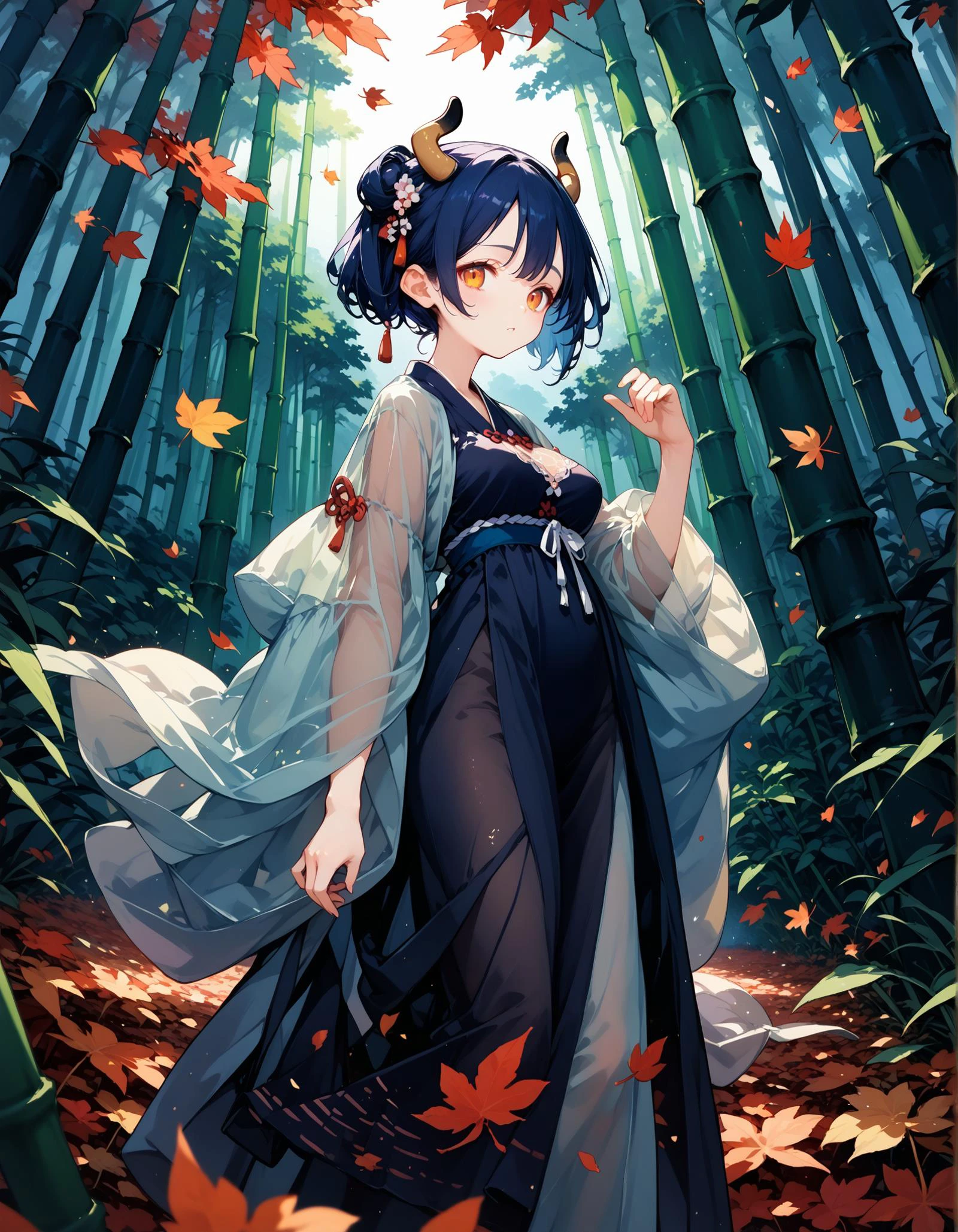 score_9,score_8_up,score_7_up,score_6_up, ,, ruanyi0428,wide sleeves,hanfu,see-through,dress,robe,bamboo forest, falling leaves, blurry foreground, night,black background, cowboy shot, large breasts, thin,skinny