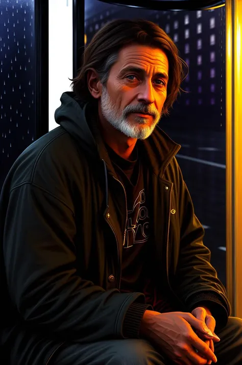 ddstyle, painting of a homeless man sitting in a bus stop, realistic, raining, night time, detailed beautiful face, detailed clothes, high quality, intricate background, (happy:0.7) <lora:the_conspiracy_b3:0.75>