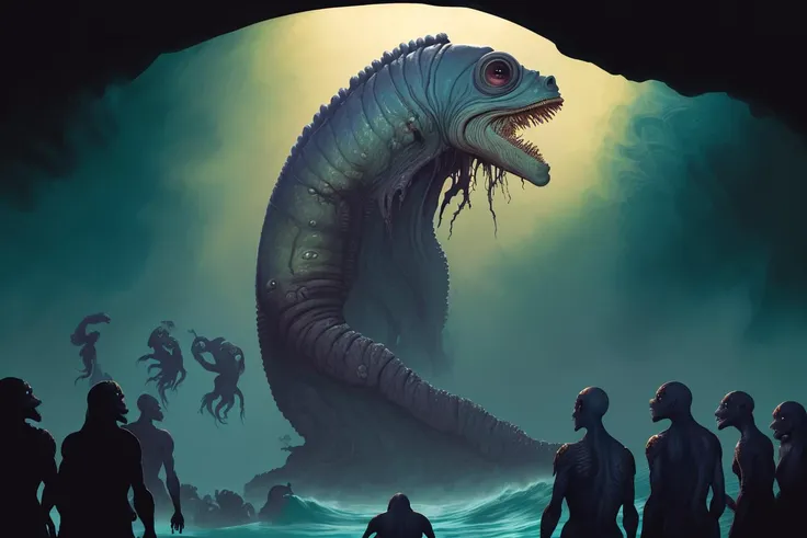 painting of deformed (deep ones) rising out of the ocean, profile, silhouettes, full body crowd shot, detailed grotesque bodies, nighttime, moonlight, intricate background<lora:the_conspiracy:1>