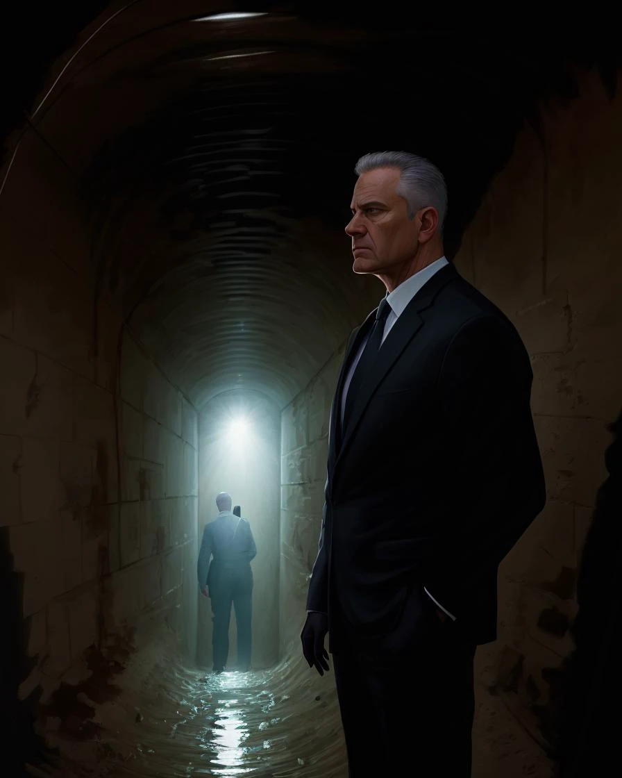 painting of a (middle-aged:0.2) male fbi agent wearing a suit and standing in a dark damps sewer tunnel holding a flashlight, profile view, realistic, grim expression, detailed clothes, [beautiful] detailed face, detailed realistic eyes, intricate background <lora:the_conspiracy:1>