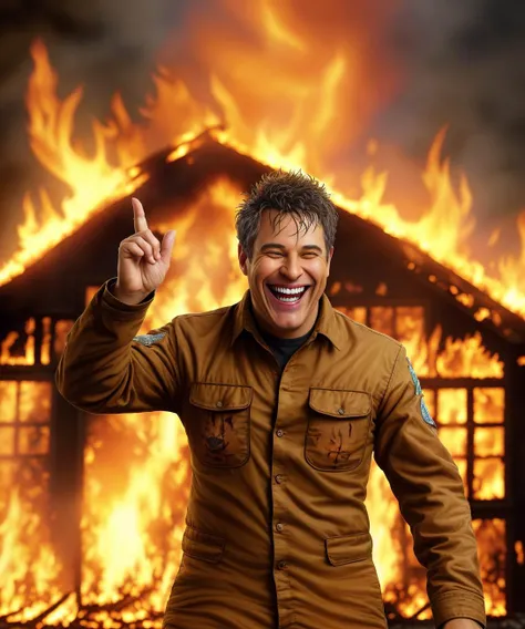 painting of a [laughing man] surrounded by flames in a (burning house:1.3), realistic, center focus, frazzled hair, (wooden debris), black business suit, on fire, (realistic flames), arms raised, detailed clothing, detailed face, high quality, intricate background<lora:the_conspiracy:0.9>