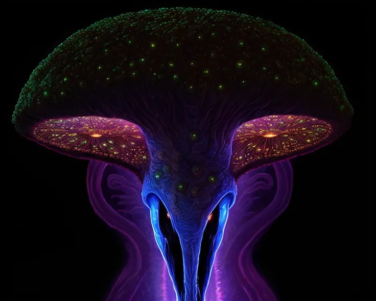 painting of a fungus alien, bio-luminescent, intricate dark nighttime background  <lora:the_conspiracy:1>