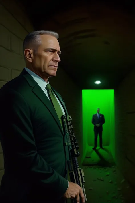 painting of a (middle-aged:0.2) male fbi agent (holding an ar-15:1.4) and wearing a suit and standing in a dark damps sewer tunnel, (eerie green light in the background), (profile view:1.3), realistic, [grim expression], detailed clothes, [beautiful] detailed face, detailed realistic eyes, intricate background, high quality <lora:the_conspiracy:1>