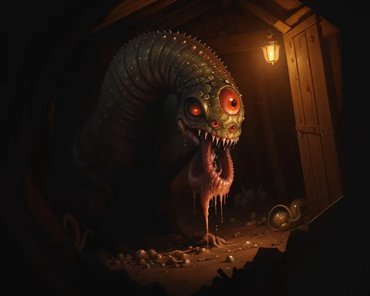 oil painting of a many-eyed tentacle monster (feasting on a mutilated body:1.1) in a barn, detailed grotesque form, nighttime, dimly lit, intricate background, brushstrokes <lora:the_conspiracy:1>