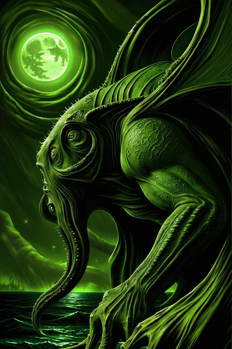 ddstyle, painting of the great Cthulhu rising from the ocean depths, hulking monstrosity, profile view, green skin, bat wings, moonlit green-tinted night sky, detailed grotesque form, intricate background, brushstrokes <lora:the_conspiracy_b2:0.75>