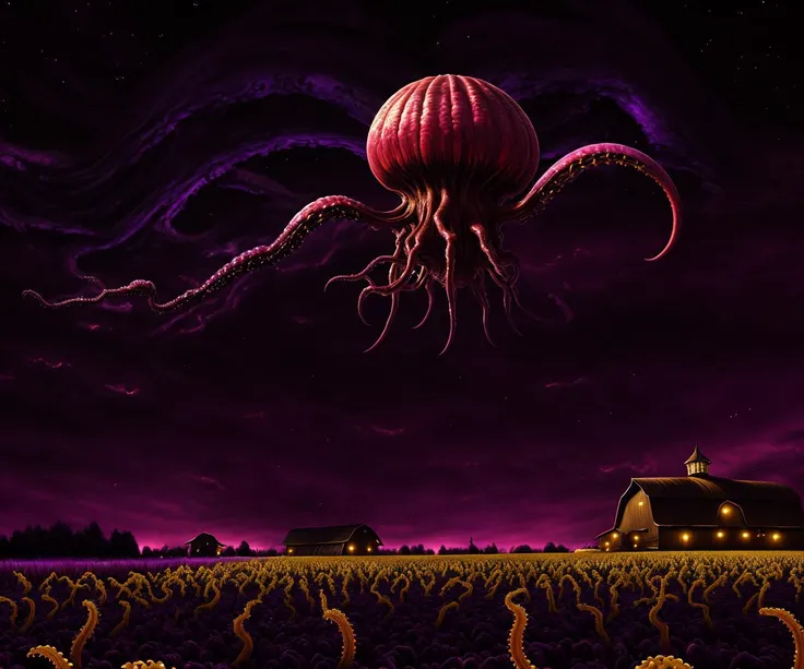 ddstyle, painting of a fungoid alien (mi-go) hovering over a yellow cornfield, barn in the background, fleshy tentacled monstrosity, purple-tinted (dark) night sky, detailed grotesque form, intricate background, brushstrokes <lora:the_conspiracy_b2:0.8>