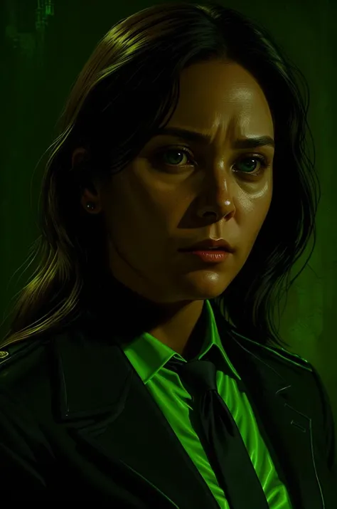 painting of a woman fbi agent wearing a black suit and a bolo tie, realistic, grim expression, detailed face, detailed clothing, backlit by an eerie green glow, intricate background <lora:the_conspiracy_b2:0.85>