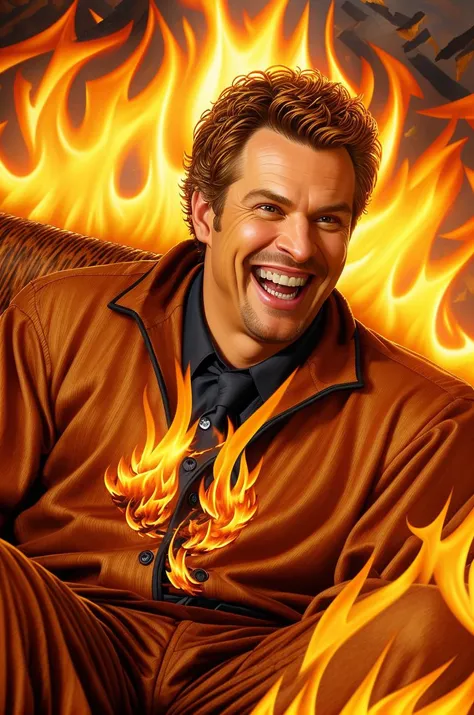 ddstyle, painting of a [laughing man] wearing a black business suit surrounded by flames in a burning home living room, (sitting on a couch:1.2), realistic, (indoors:1.2), (window, ceiling:1.2), frazzled hair, (wooden debris), arms raised, detailed clothing, detailed face, high quality, intricate background  <lora:the_conspiracy_b3:0.75>