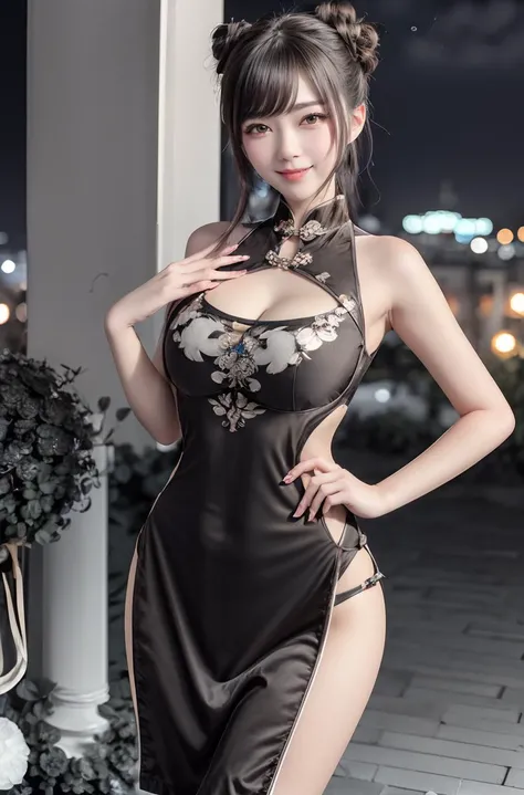 masterpiece,best quality,(Night:1.7),china,shanghai,CityView,(outdoors:1.3),city lights,skyscraper,street,close up
1girl,Standing at attention,pose,large breasts,smiley face, <lora:more_details:0.5>,
<lora:Petal cheongsam_20230702121733:0.7> china dress, chinese clothes, dress