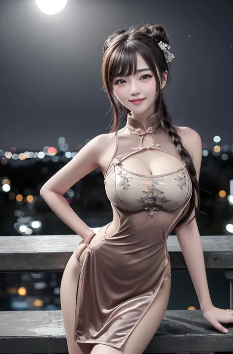 masterpiece,best quality,(Night:1.7),china,shanghai,CityView,(outdoors:1.3),city lights,skyscraper,street,close up
1girl,Standing at attention,pose,large breasts,smiley face, <lora:more_details:0.5>,holding,
<lora:Petal cheongsam_20230702121733:0.7> china dress, chinese clothes, dress