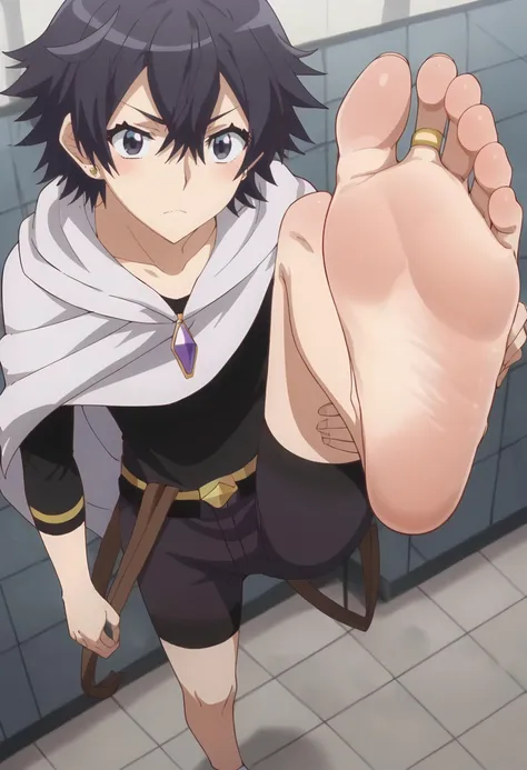 <lora:Akira Kazaragi:0.9> akira kazaragi, black_hair, short_hair, solo, 1girl, hair_between_eyes, black eyes , earrings, <lora:standingandshowfoot_v1.0d:1>(hadrian,standing and show foot,standing and show sole,from above,standing,foot focus,leg up,fish eye,standing on one leg), score_9, score_8_up, score_7_up, , anime coloring ,BREAK source_anime, anime