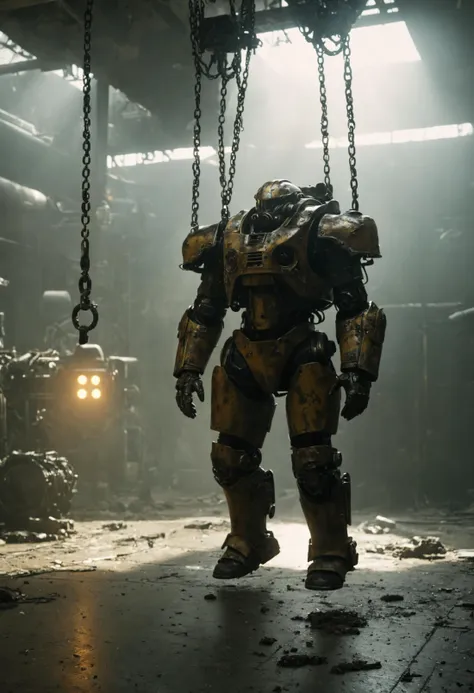 (Photorealistic_Fallout_Style),T-60 Power Armour, hanging, chain, foggy warehouse, cinematic masterpiece, insane imagination illustrated, highly detailed armour [reflections, god rays, beams of light, realistic, high quality photo, 4k] highly detailed, resolution textures