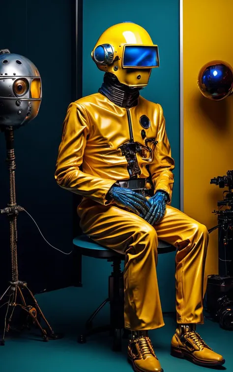 a statue of a man with a blue head and a yellow body , solo, 1boy, sitting, male focus, parody, helmet, robot, science fiction, realistic, retro artstyle, bald, alien