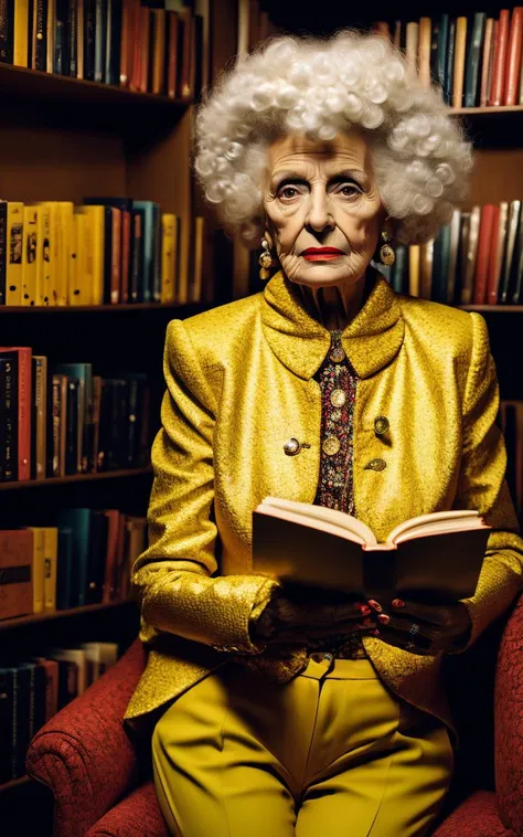 a woman in a yellow jacket and red pants , 1girl, solo, looking at viewer, brown eyes, jewelry, upper body, white hair, earrings, book, makeup, lipstick, curly hair, old, book stack, old woman