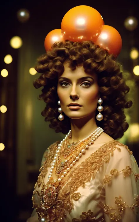 a woman with a orange on her head , 1girl, solo, looking at viewer, brown hair, jewelry, upper body, necklace, makeup, curly hair, realistic, pearl necklace