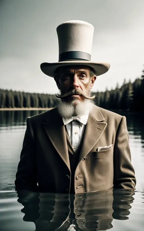 a man in a hat is standing in a body of water , solo, 1boy, hat, nipples, male focus, nude, outdoors, day, water, tree, facial hair, parody, beard, partially submerged, top hat, realistic, mustache, lake, what, fine art parody