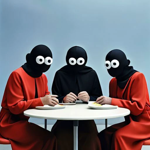 three women sitting at a table with two heads covering their faces