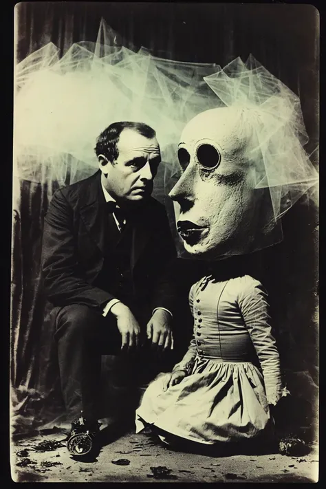 trivial uncanny freak show, damaged analog photo, found footage, mystic,eerie,gloomy,obscure