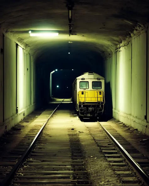 a room with a chair and a sign that says medical pavilion , a train is coming down the tracks in a tunnel