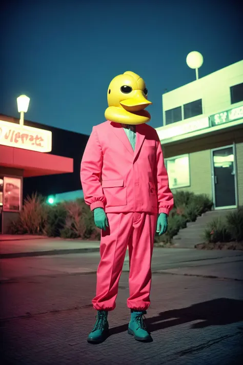 sfw, stylish cartelwave, duck, nightlife, 1980s colored sci-fi,retro chic